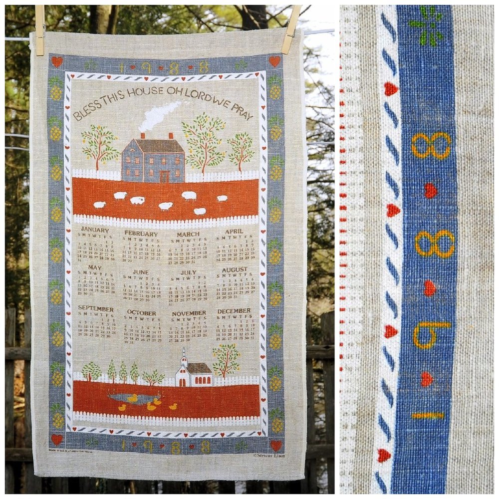 VTG 1988 Bless This House Prayer Calendar Towel Taupe Linen Birthday Anniversary